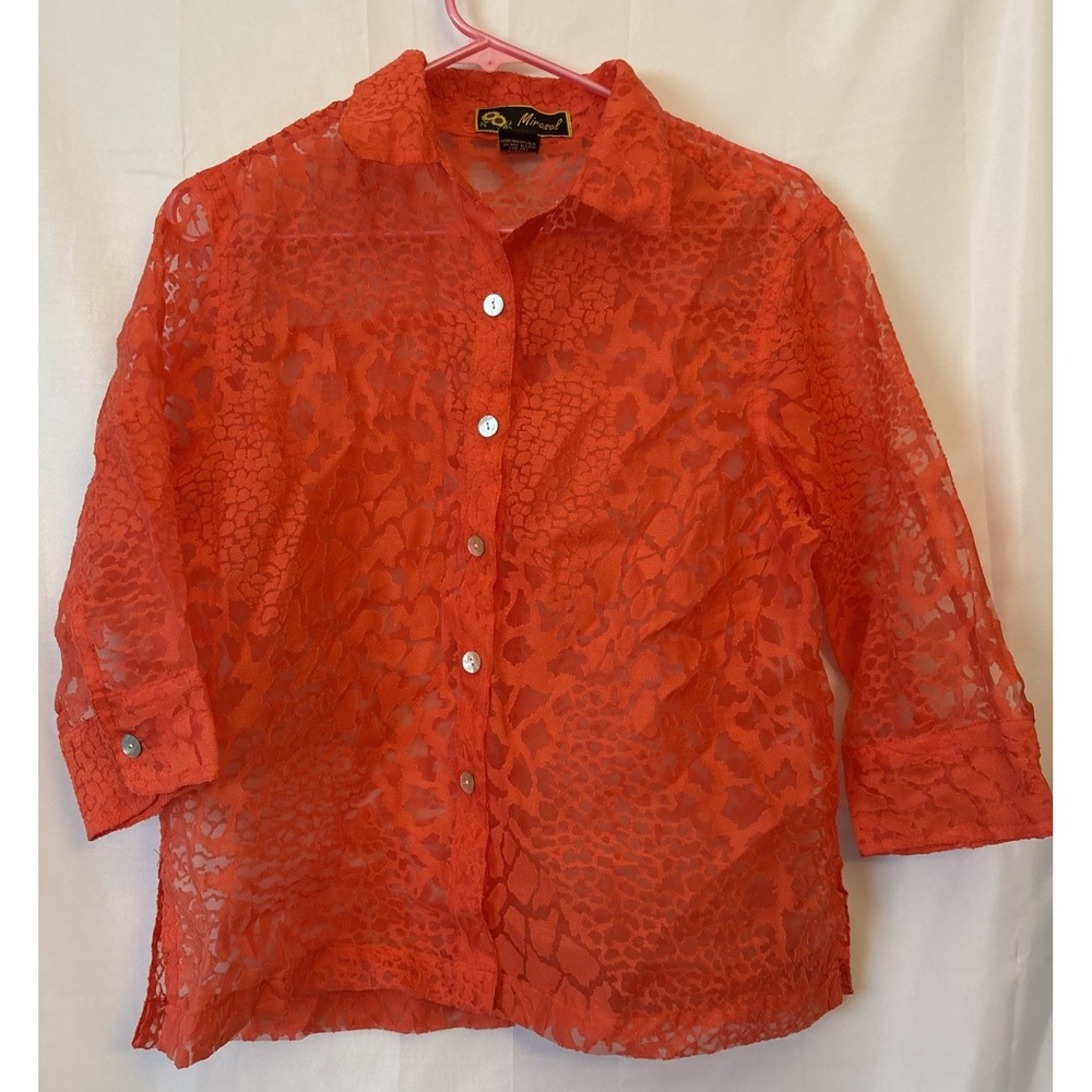 Mirasol Women's Large Orange Lace Sheer 3/4 Sleeve‎ Button Up Blouse Linen Blend